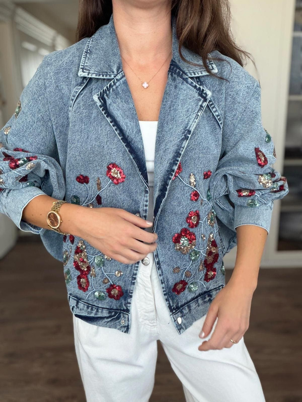 Payet Çiçek İşlemeli Bomber Denim Ceket