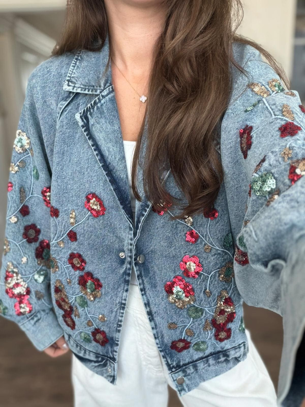 Payet Çiçek İşlemeli Bomber Denim Ceket
