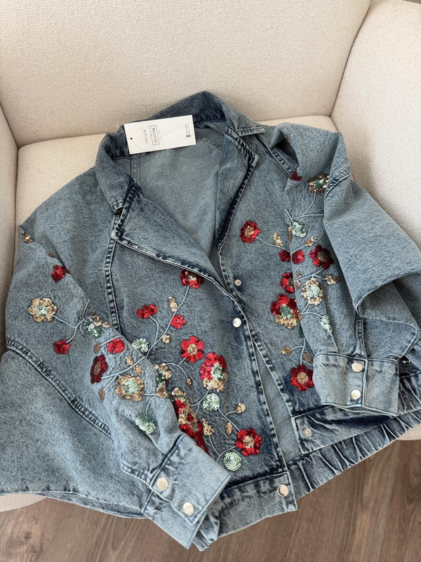 Payet Çiçek İşlemeli Bomber Denim Ceket
