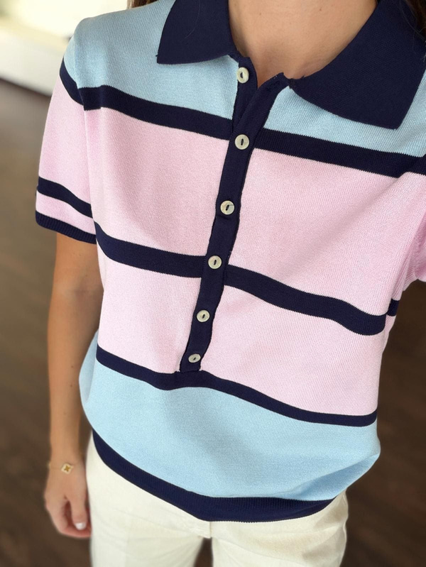 Pembe Mavi Çizgili Polo Yaka Triko