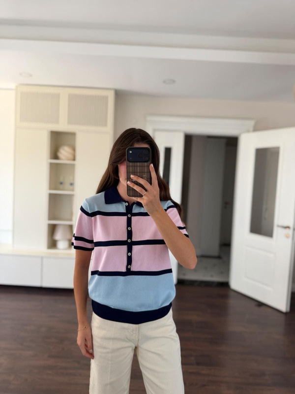 Pembe Mavi Çizgili Polo Yaka Triko