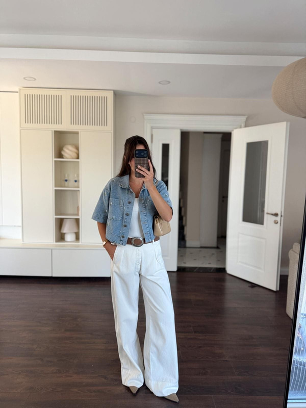 Pile Detaylı Ekru Jean