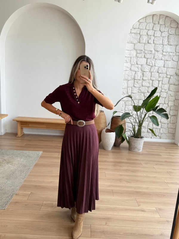 Piliseli Bordo Süet Etek
