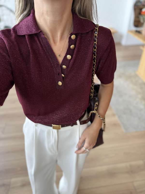 Polo Yaka Parıltılı Bordo Triko