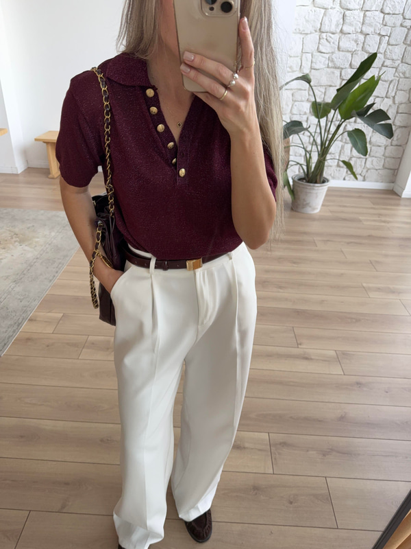 Polo Yaka Parıltılı Bordo Triko