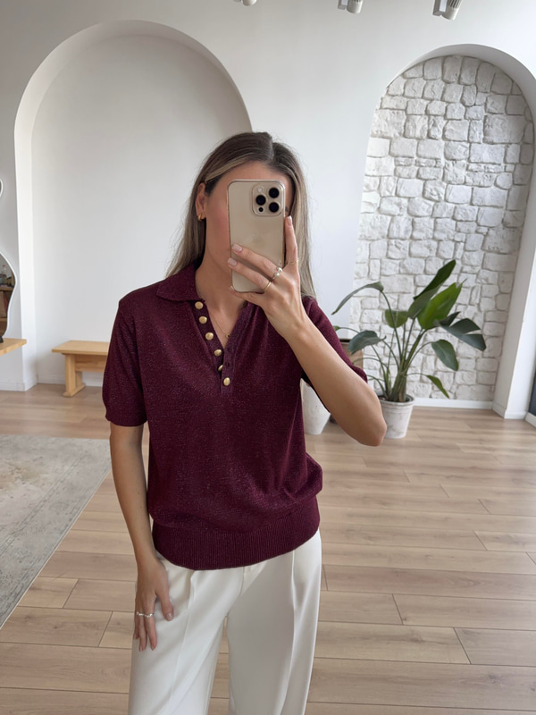 Polo Yaka Parıltılı Bordo Triko
