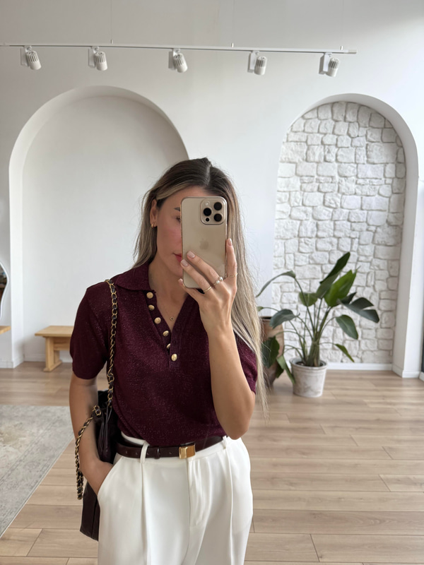 Polo Yaka Parıltılı Bordo Triko