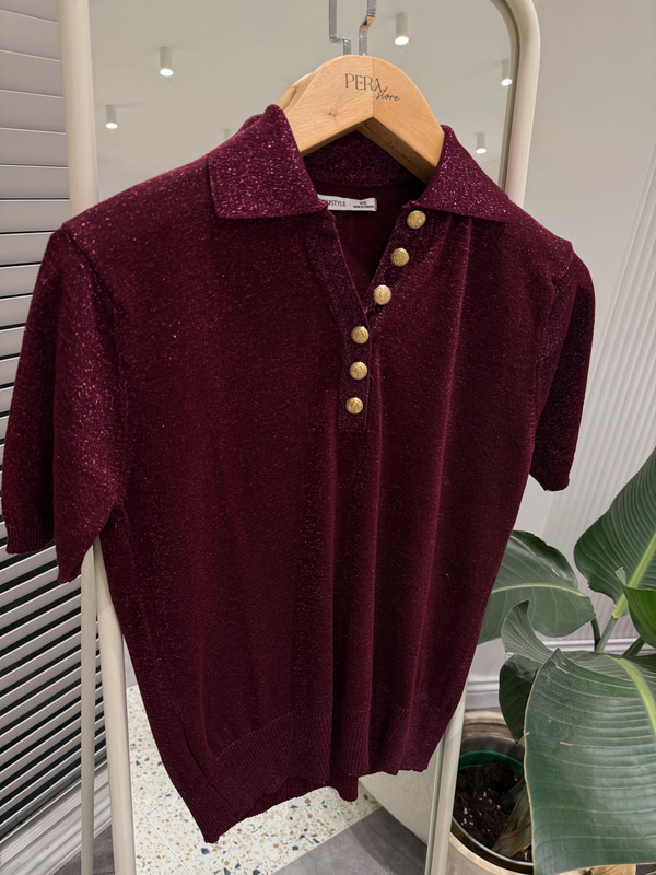 Polo Yaka Parıltılı Bordo Triko