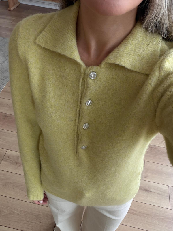 Polo Yaka Taş Düğmeli Lime Kazak