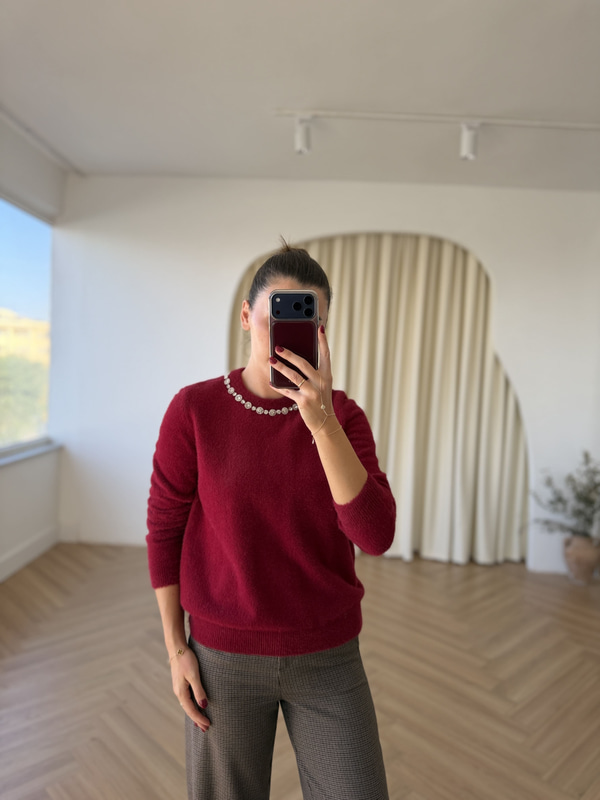 Premium Yakası Taşlı Bordo Triko