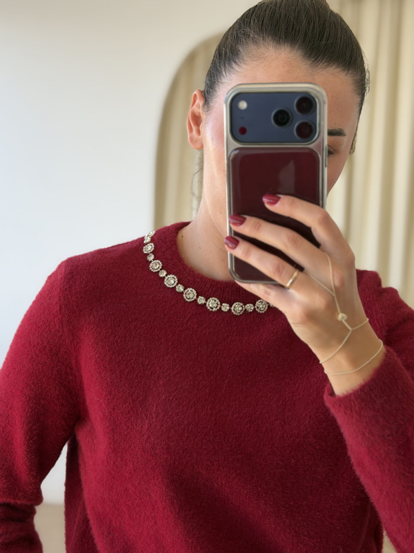 Premium Yakası Taşlı Bordo Triko