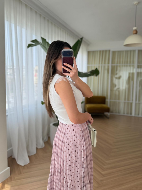 Puantiye Desenli Pembe Midi Etek