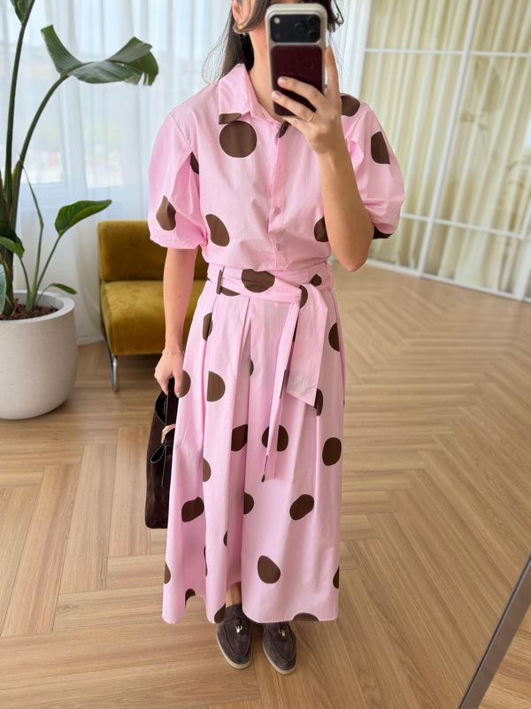 Puantiyeli Pembe Etek-Gömlek Takım