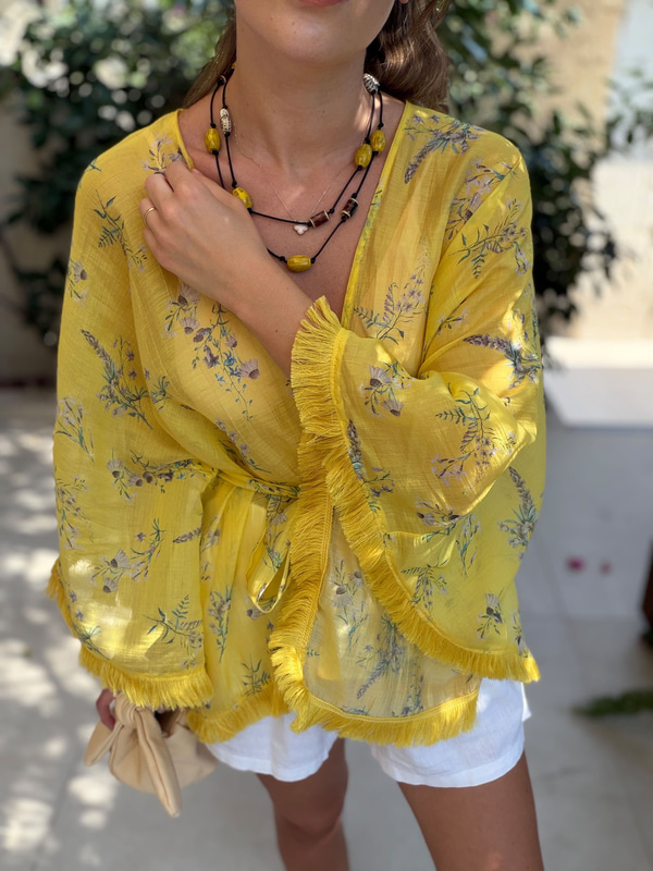 Püsküllü Detaylı Sarı Kimono