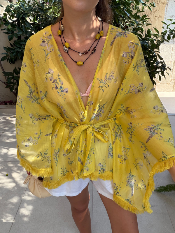 Püsküllü Detaylı Sarı Kimono