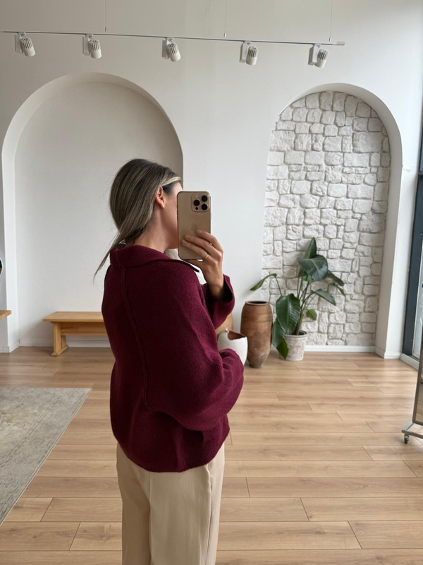 Reglan Kol Fermuarlı Bordo Triko Ceket