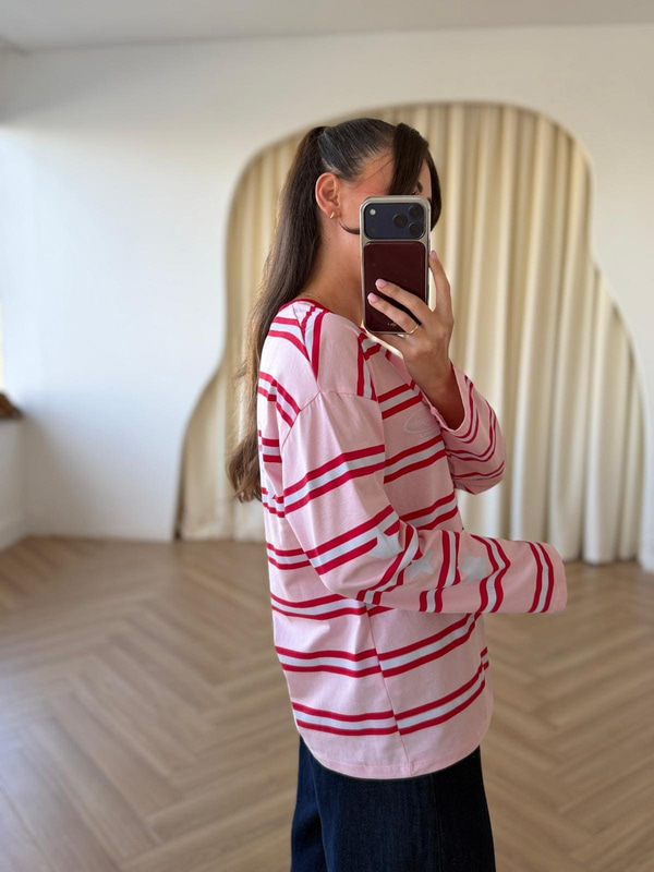 Ruby Çizgili Basic Sweat-Pembe