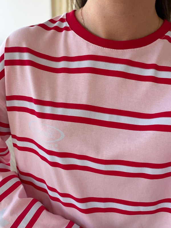 Ruby Çizgili Basic Sweat-Pembe