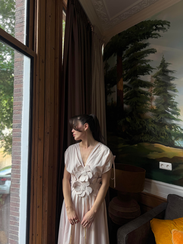 Serena Çiçek Aplikeli Pudra Elbise