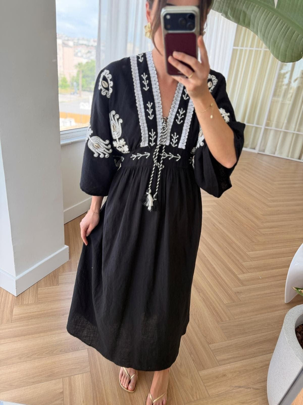 Siyah Bohem Elbise