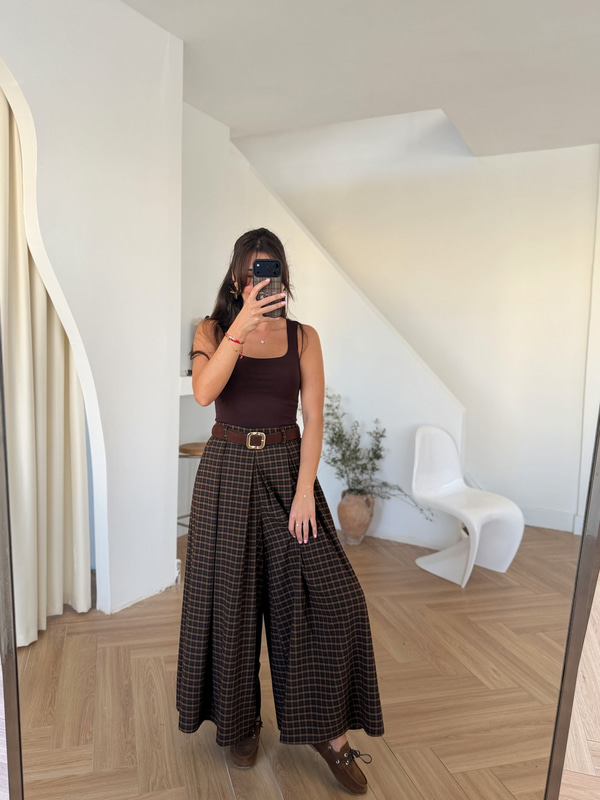 Süet Kemerli Geniş Paça Kahverengi Ekose Pantolon