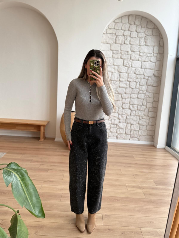 Taşlı Antrasit Jean