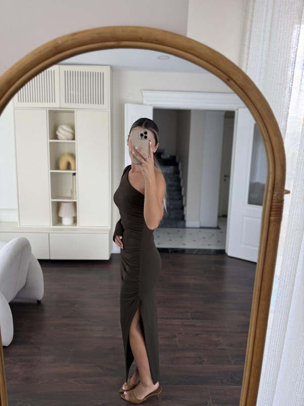 Tek Omuzlu Büzgülü Haki Elbise