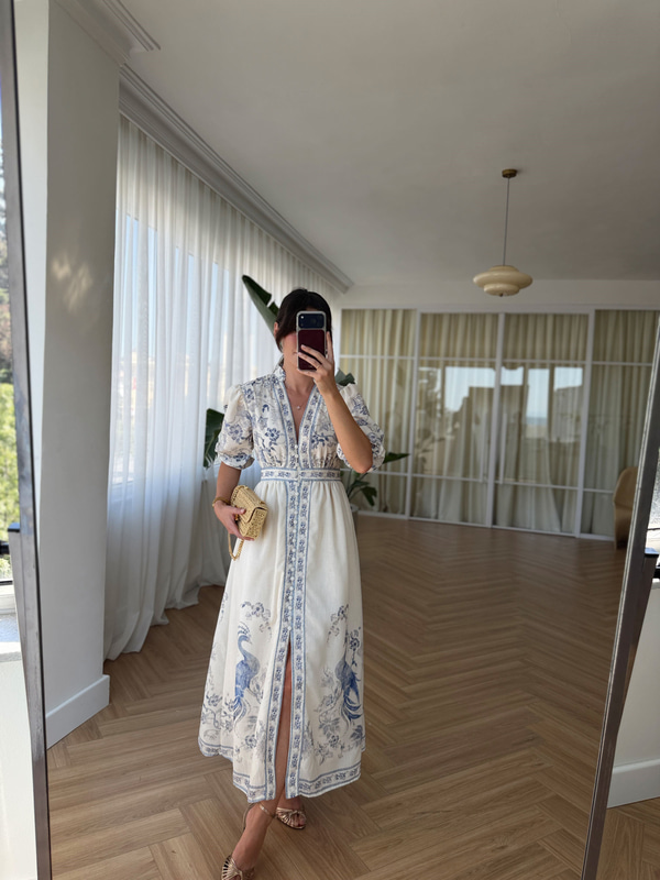 V Yaka Mavi Desenli Elbise