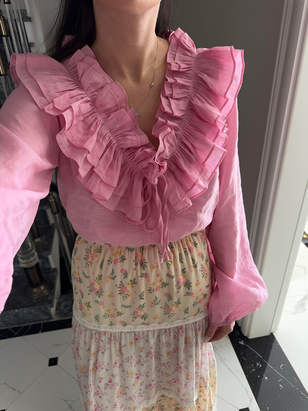 Volanlı Pembe Vual Bluz