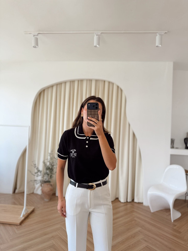 Yakası Dantel Detaylı Polo Yaka Triko-Siyah
