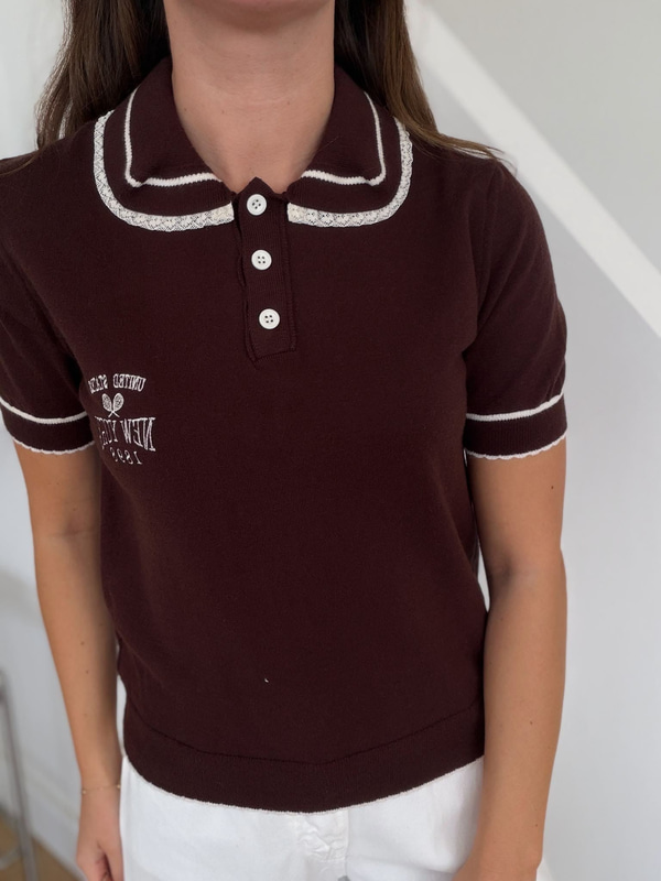Yakası Dantel Detaylı Polo Yaka Triko-Kahverengi