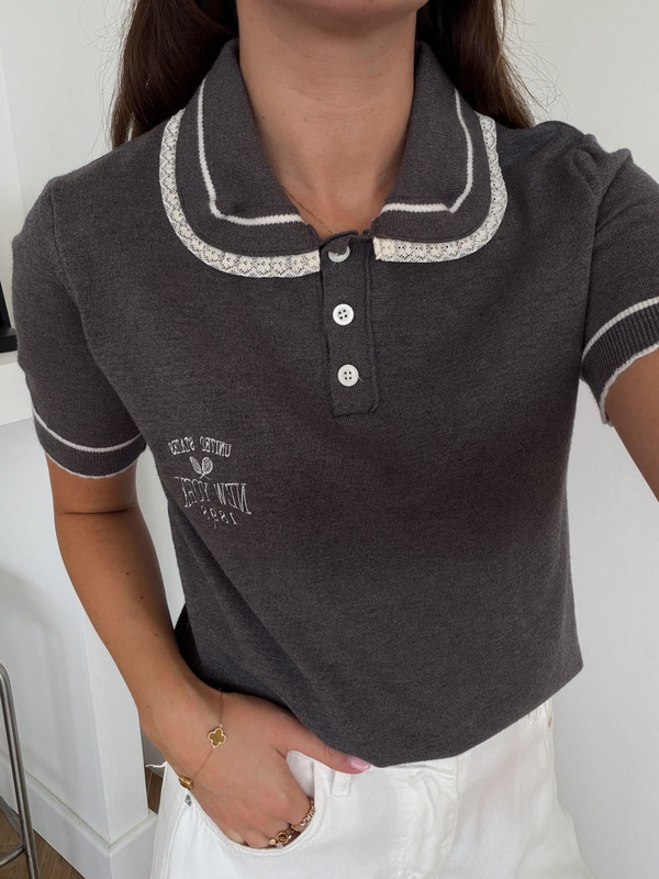 Yakası Dantel Detaylı Polo Yaka Triko-Gri