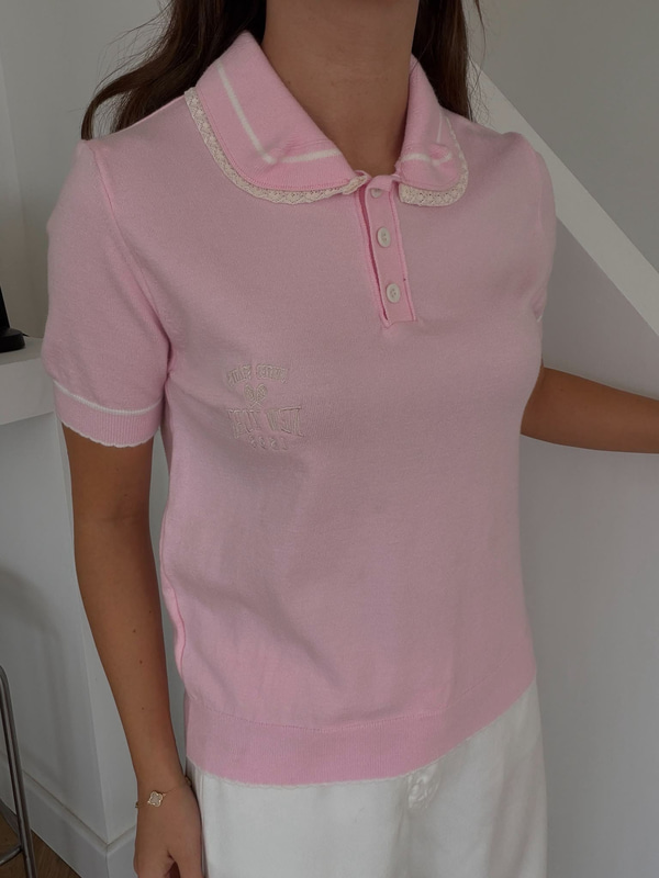 Yakası Dantel Detaylı Polo Yaka Triko-Pembe