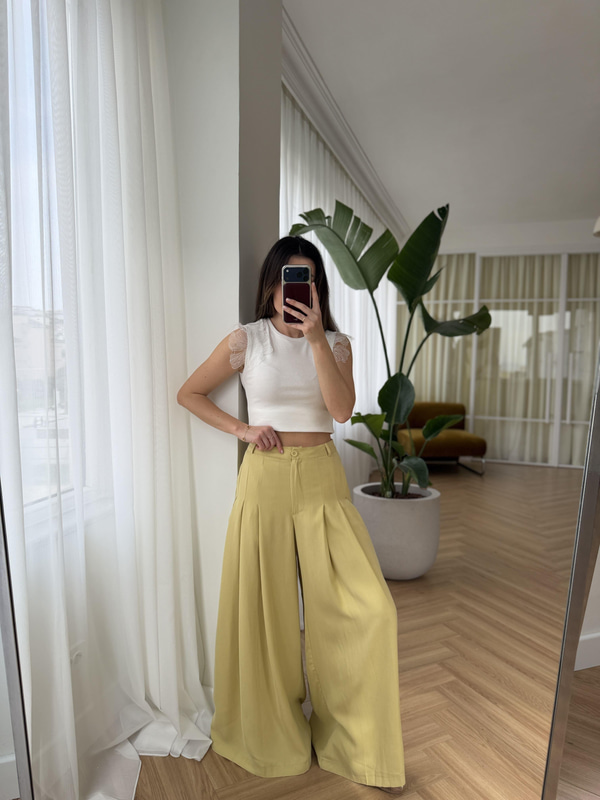 Yandan Pileli Lime Palazzo Pantolon