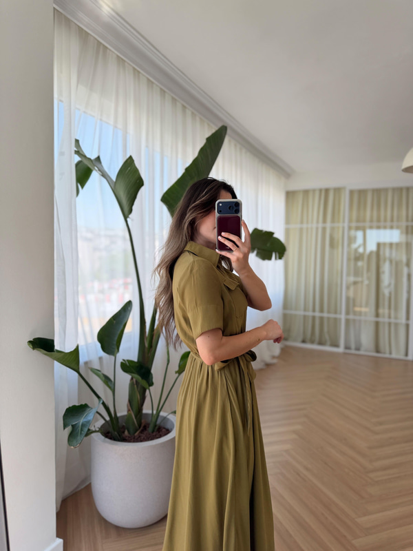 Yeşil Kısa Kollu Midi Elbise