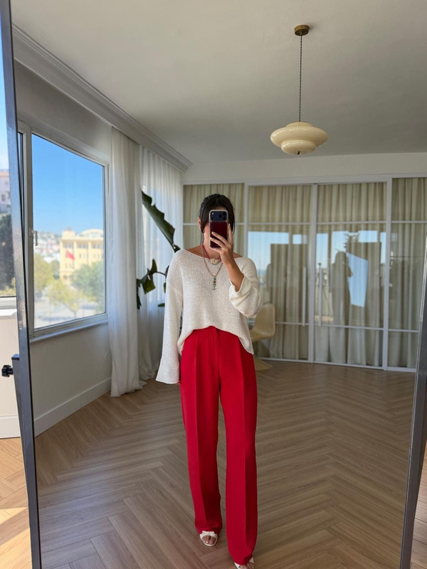 Yüksek Bel Pileli Kırmızı Palazzo Pantolon