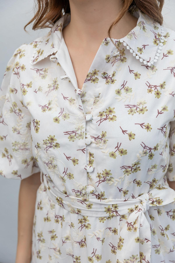 Balon Kol Düğmeli Elbise - YEŞİL