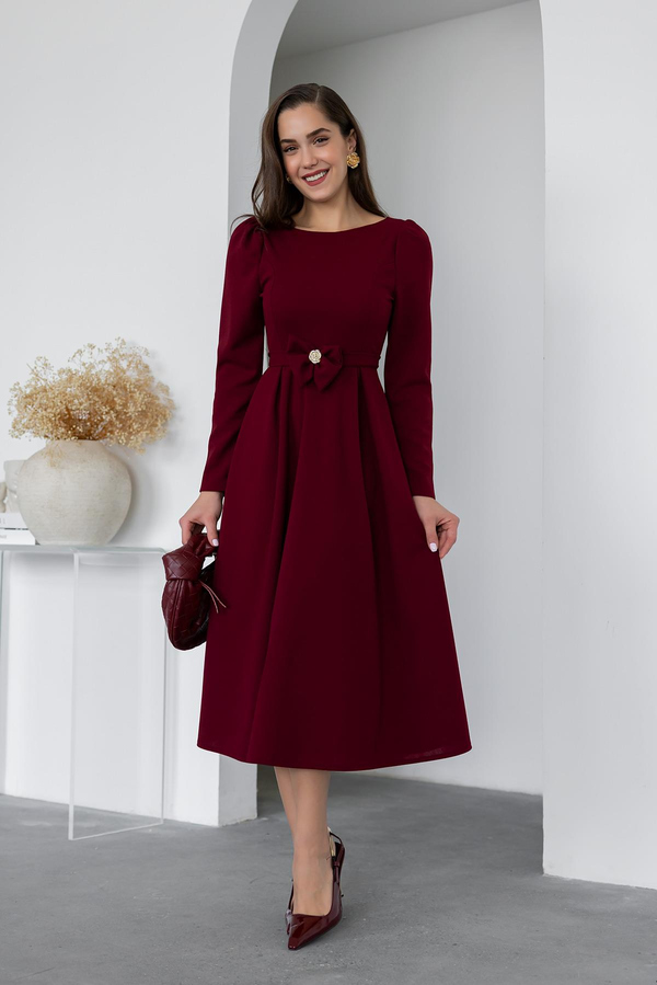 Bel Kurdele Detaylı Elbise - BORDO