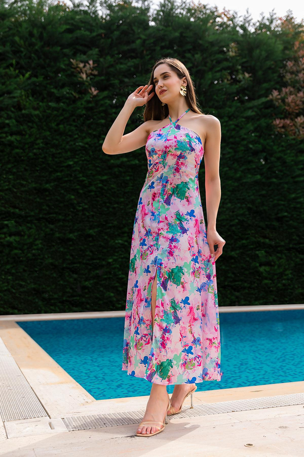 Boyun Bağlamalı Elbise - PEMBE
