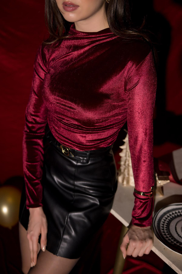 Büzgülü Kadife Crop Bluz - BORDO