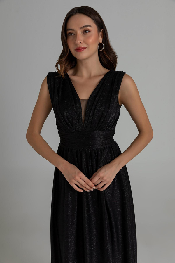 Drape Detay Simli Abiye - SİYAH
