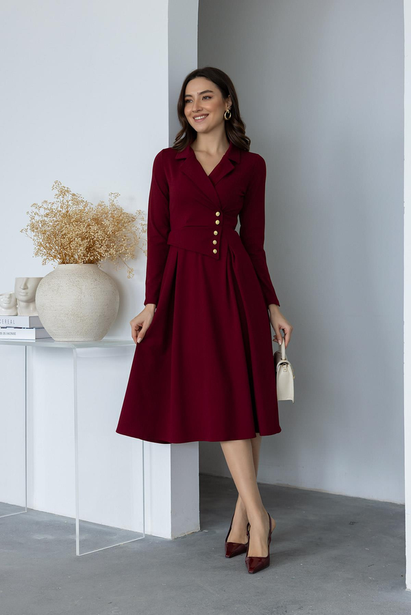 Düğme Detaylı Yakalı Elbise - BORDO