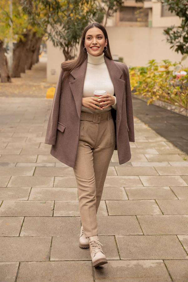 Kalın Kemerli Kaşe Pantolon - TAŞ