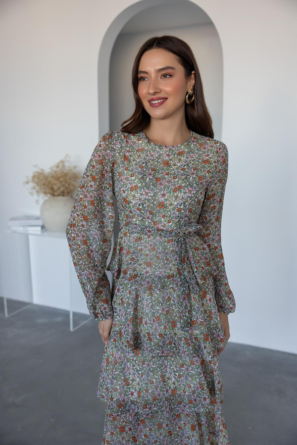 Katlı Şifon Elbise - KREM