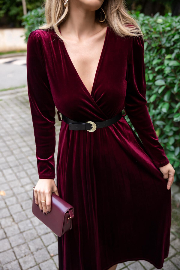 Kemerli Midi Kadife Elbise - BORDO