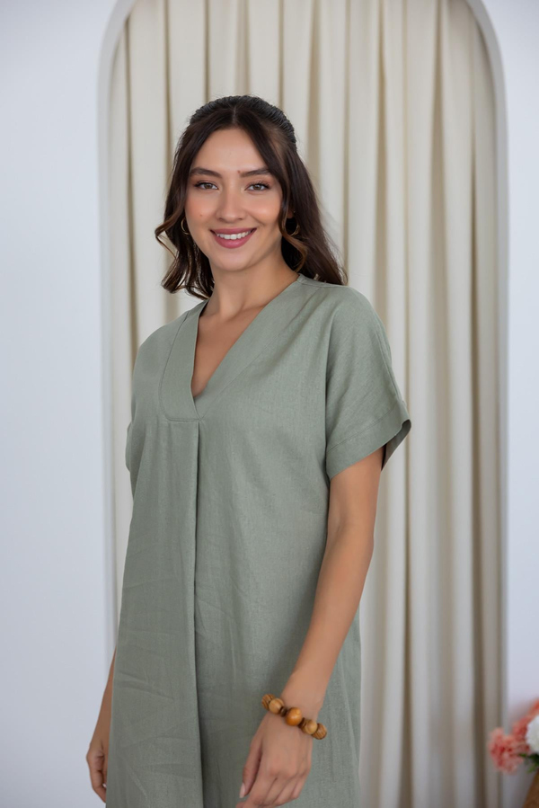 Keten Midi Elbise - HAKİ