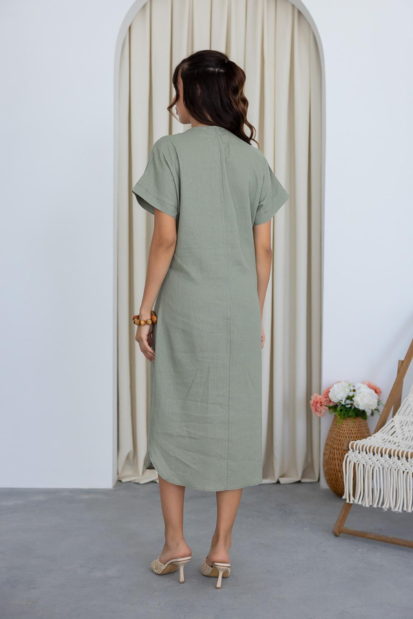 Keten Midi Elbise - HAKİ