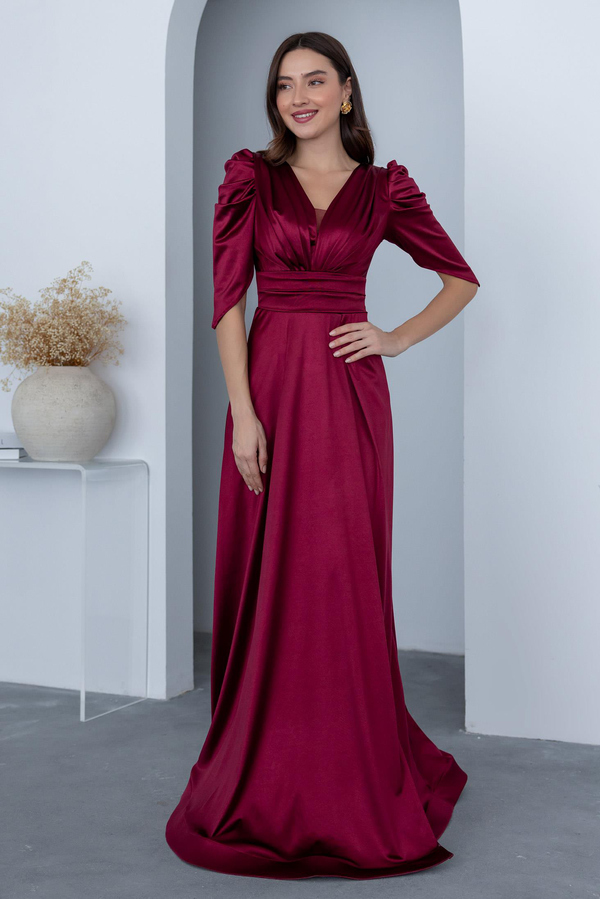 Kol Detaylı Saten Abiye - BORDO