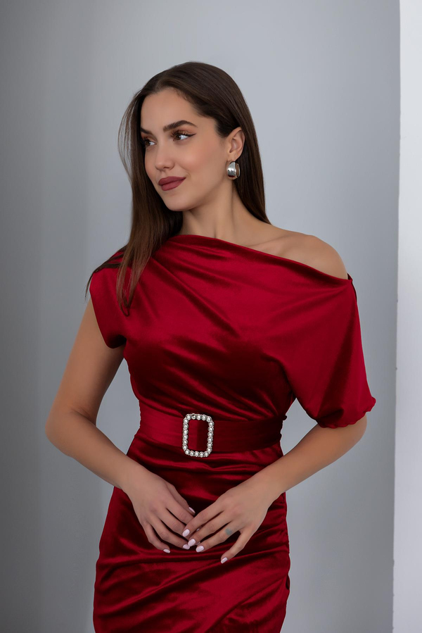 Kuşaklı Kadife Elbise - KIRMIZI