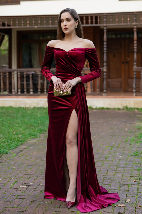 Kuyruklu Kadife Abiye - BORDO